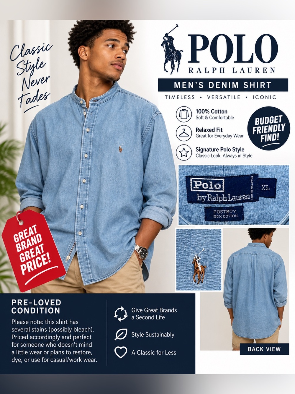 Polo by Ralph Lauren Light Blue Denim Button-Down Shirt AS IS- has stains